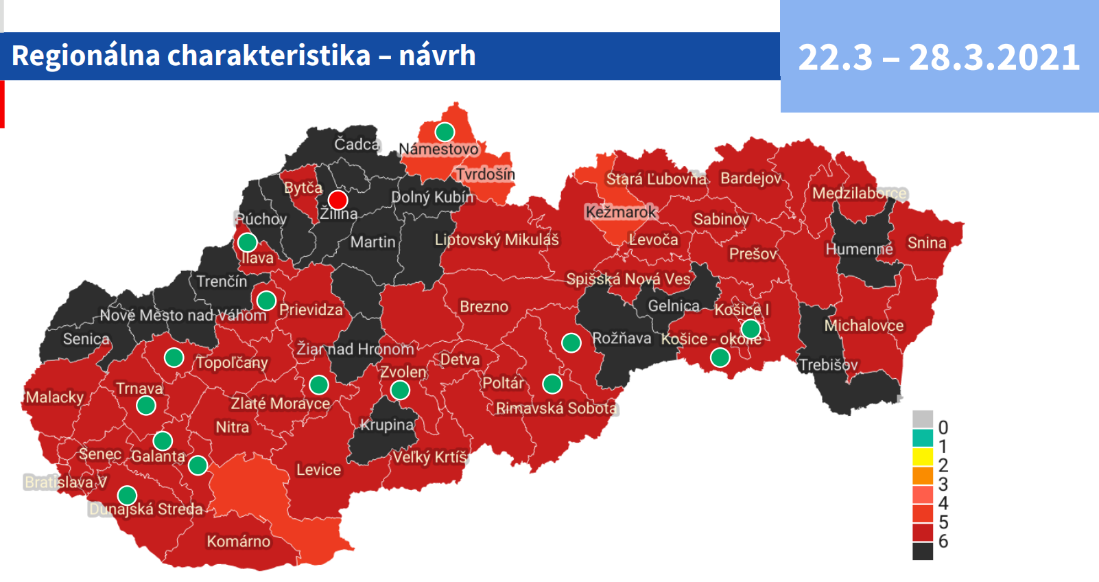 Okres Prievidza je stále bordový. Počet čiernych okresov výrazne klesol.